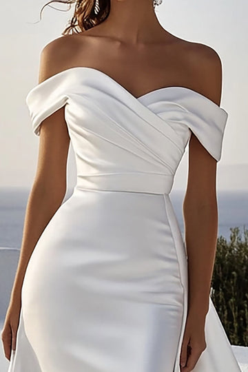 Satin Off the Shoulder Ivory Wedding Dress with Sash